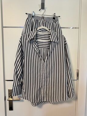 Black and White Vertical Stripe Button-Up Shirt and Skirt Set